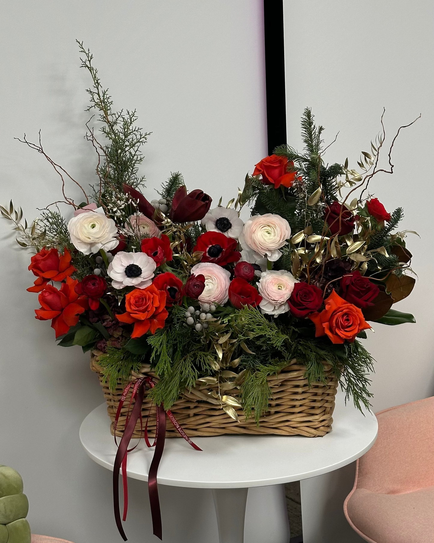Red & White Basket with Evergreens