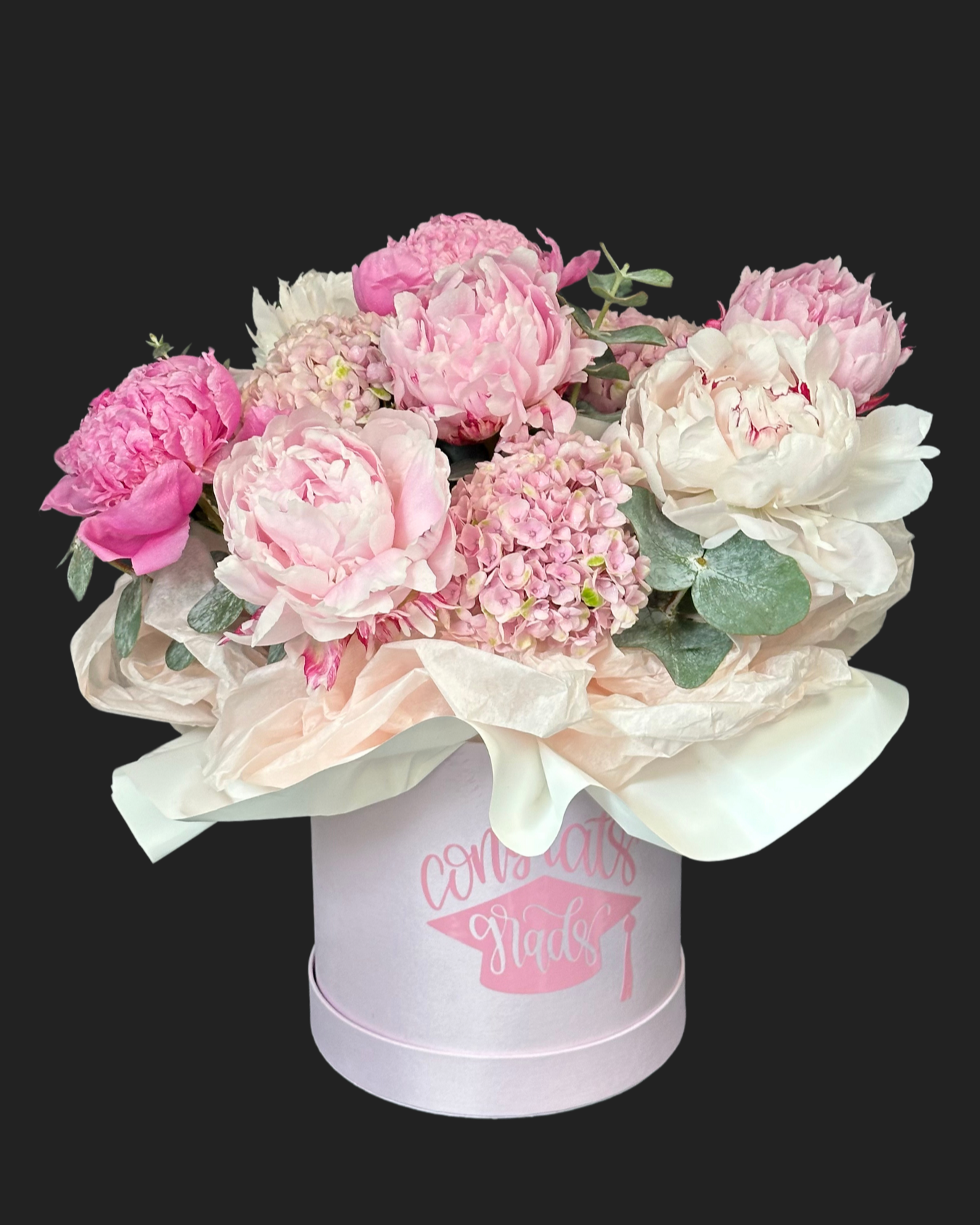 PINK graduation box with peonies. 