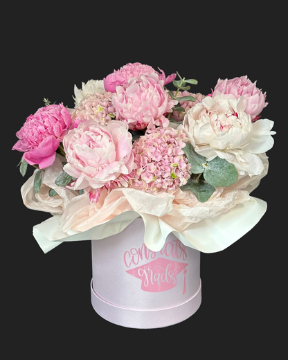 PINK graduation box with peonies. 